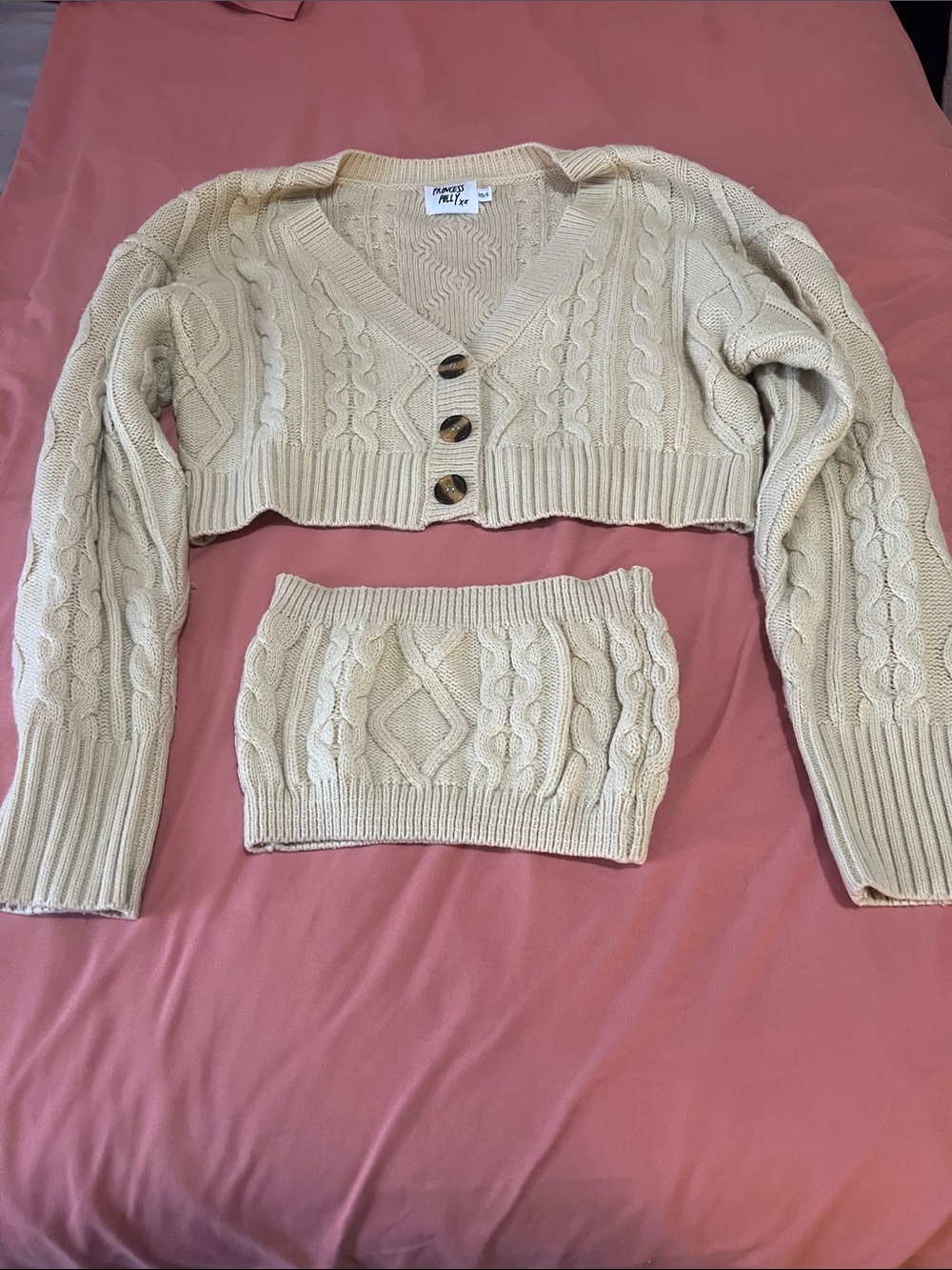 Princess Polly Cream Cable Knit V-Neck Cropped Cardigan with Bandeau